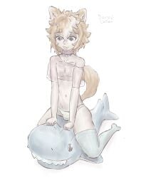 big_ass big_thighs crossdressing cute_male dog_boy dog_ears dog_tail eyelashes femboy genshin_impact gorou_(genshin_impact) penis_in_panties shark_plush sitting thick_thighs topwear