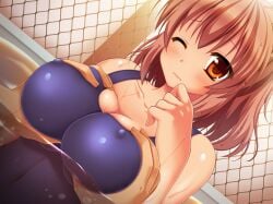 1boy 1girl aomi_riru blue_one-piece_swimsuit blush breasts brown_eyes brown_hair chain-link_fence cleavage closed_mouth collarbone covered_nipples dutch_angle embarrassed fence game_asset grabbing_another's_breast groping hair_between_eyes hetero large_breasts large_variant_set non-web_source official_art one-piece_swimsuit one_eye_closed pool pov pov_hands raised_inner_eyebrows school_swimsuit self-datamine sidelocks standing swimsuit tan toriumi_hinata underwear upper_body variant_set visual_novel_cg water yumemi_ga_cheek!