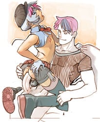 2boys anal anal_insertion androgynous arched_back ass bangs belt blue_hair bob_cut boots closed_eyes clothed_sex clothes crop_top crossdressing femboy footwear garters girly gloves hat jjfrenchie large_penis looking_at_another male male_only manfra midriff multicolored_hair multiple_boys muscle necktie nipples no_pants open_mouth original partially_colored penetration penis pink_hair puffy_nipples sex short short_hair sitting size_difference smile t-shirt testicles thigh_boots thighhighs trap upright_straddle wedge_heels yaoi zipper