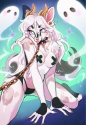 anthro black_body black_fur blue_eyes breasts cepto_(artist) chains collar ear_piercing fangs female fur ghost hair heart_symbol hi_res horn kneeling looking_at_viewer medium_breasts multicolored_body multicolored_fur pasties piercing pink_nose smile solo spirit string_panties teeth tongue tongue_out unknown_species white_body white_fur white_hair wolf_tail