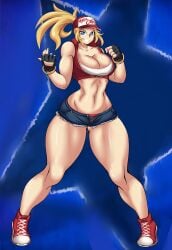 big_breasts blonde_hair breasts breasts_bigger_than_head crop_top fatal_fury female kailyn king_of_fighters kreativekailyn muscular muscular_female simple_background snk snk_heroines:_tag_team_frenzy terry_bogard thick_thighs wide_hips