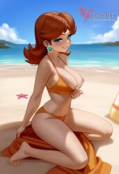 1girls 2d ai_generated bangs bare_shoulders barefoot beach bikini_bottoms blue_eyes breasts brown_hair cleavage crown earrings erophoenix feet jewelry large_ass large_breasts long_hair looking_at_viewer mario_(series) nintendo nipple ocean outdoors pale_skinned_female patreon_username princess_daisy sitting smile solo super_mario_bros. super_smash_bros. sweat toes uncensored v_arms