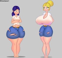 2girls big_breasts big_thighs blue_hair jacky_(brawl_stars) piper_(brawl_stars) somespanart tight_clothing tight_pants white_shirt yellow_hair