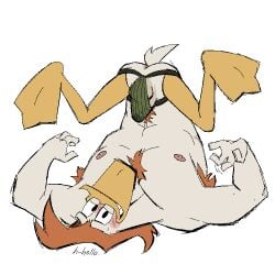 1boy antropomorph armpit_hair armpits big_chin cum_in_underwear disney duck ducktales ducktales_(2017) embarassed_male embarrassed embarrassed_expression erection jockstrap launchpad_mcquack male_only muscular muscular_male no_nude orange_feet orange_legs pubic_hair public shy shy_smile underwear white_body