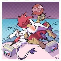 1:1 anthro avian bandai_namco beak bianc_(el_senor_erizo) bird blush bodily_fluids breasts digimon digimon_(species) duo feathers felid female female/female french_kissing fucking_machine fur gatomon genitals hi_res kissing machine mammal masturbation mr_harinezumi nipples nude sex_toy spread_legs spreading sweat tail tongue vibrator white_body white_fur