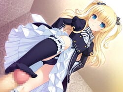 axfa black_panties black_socks blonde_hair blue_eyes blush bowtie cameltoe censored confident female femdom flat_chest footjob footjob_with_legwear frilled_legwear frilled_panties frilled_socks from_below game_cg highres hirayama_alice knee_socks kneehighs kneesocks legs light-skinned_female light_skin long_hair looking_down no_shoes panties penis root_harem! sayori skirt small_breasts socks standing standing_footjob thighs tied_hair twintails underwear upskirt