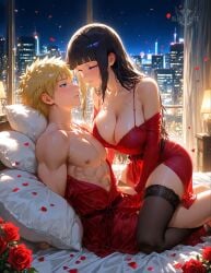 1boy 1girls bed blush couple hyuuga_hinata lingerie naruto naruto:_the_last passionate sitting_on_lap sitting_on_person uzumaki_naruto