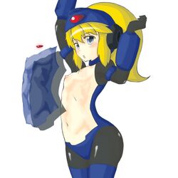 1girls abs arms_up blonde_hair blue_eyes blush bodysuit cameltoe erect_nipples esan female flat_chest helmet latex mega_man mega_man(classic) ponytail rokko-chan rokko-chan_(character) simple_background solo thighhighs tied_hair