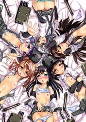 6+girls :p arare_(kantai_collection) arashio_(kantai_collection) asashio_(kantai_collection) ass black_hair blue_hair breasts brown_eyes brown_hair flat_chest highres kantai_collection kasumi_(kantai_collection) long_hair lying michishio_(kantai_collection) multiple_girls nipples on_back on_stomach ooshio_(kantai_collection) open_clothes open_shirt outstretched_arms panties panty_pull personification pleated_skirt purple_eyes purple_hair school_uniform serafuku shirt short_hair short_twintails side_ponytail silver_hair skirt skirt_pull smile sweat tied_hair tongue tongue_out twintails underwear