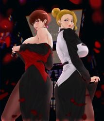 2girls ass bbw bedroom_eyes big_breasts blonde_hair blue_eyes busty butt choker cleavage clothed clothing ear_piercing earrings female female/female female_focus female_only fully_clothed hair_bun hi_res high_resolution highres jewelry king_of_fighters kof large_breasts leggings light-skinned_female light_skin lips lipstick long_skirt looking_at_viewer looking_down makeup mature mature_(kof) mature_female milf pale-skinned_female pale_skin pantyhose perky_breasts pink_eyes pink_lips pink_lipstick pose posing red_hair seductive seductive_eyes seductive_look seductive_pose short_hair sk31450 skirt skirt_lift skirt_up snk standing the_king_of_fighters tied_hair tomboy undressing very_high_resolution vice_(kof)