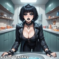 ai_generated bangs black_gloves black_hair black_jacket black_nails blue_eyes blunt_bangs bob_cut bowl bracelet breasts choker cleavage collar collarbone earrings female fingerless_gloves food gloves gothic hi_res high_resolution indoors jacket jewelry kitchen large_breasts leaning_forward leather looking_at_viewer makeup mascara meme mole mole_under_eye nail_polish open_clothes pants patreon_username piercing short_hair sink solo spiked_bracelet spiked_collar spikes sweat tile_wall vexnflex watermark