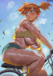 1girl ai_generated areola_slip ass blush breasts commentary crop_top crop_top_overhang denim denim_shorts english_commentary green_eyes highres large_breasts looking_back misty_(pokemon) navel nipple_slip nipples no_bra open_mouth orange_hair patreon_logo patreon_username pokemon pokemon_(anime) pokemon_(classic_anime) see-through_clothes see-through_tank_top shexyo shirt short_hair shorts side_ponytail solo suspender_shorts suspenders sweat tank_top thick_thighs thighs web_address yellow_shirt yellow_tank_top