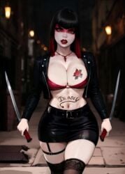 1girls ai_generated assassin big_breasts big_tits blackroga countess_(paragon) curvy female_focus jacket light-skinned_female lipstick milf night paragon piercing predecessor red_eyes skirt stockings tattoo voluptuous weapon white_skin