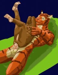 2009 anal anal_sex anthro balls belly big_dom_small_sub blue_background bodily_fluids brown_body brown_fur brown_hair buckteeth closed_eyes colored cum cum_in_ass cum_inside dominant duo ejaculation feet felid fur genital_fluids genitals green_eyes hair jeri_kleinlowe lying male male/male mammal mouse murid murine muscular on_back open_mouth orange_body orange_fur overweight painal painful_penetration pantherine penetration perineum rodent simple_background size_difference smaller_penetrated smile striped_body striped_fur stripes tan_body tan_fur teeth tiger