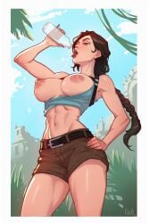 braided_hair breasts_out brown_eyes brown_hair drinking jungle lara_croft large_breasts long_hair shirt_down shorts tomb_raider ullr