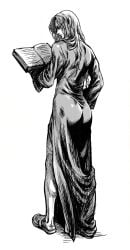 ass ass_focus big_ass bubble_butt enki_ankarian fear_and_hunger full_body fully_clothed long_hair long_hair_male male male_only monochrome reading rear_view robe solo standing yoshinaga_yuki3