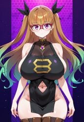 ai_generated alternate_breast_size apron belly belly_button big_breasts black_stockings blush breasts brown_hair civitai collarbone female glasses huge_breasts large_breasts long_hair looking_at_viewer) multicolored_hair navel_cutout no_panties ohdo_yuamu pantyless purple_eyes sideboob thick_thighs yu-gi-oh! yu-gi-oh!_go_rush!! yuamu_ohdo