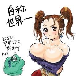 bare_shoulders blush breast_hold breasts bursting_breasts cleavage crossed_arms dragon_quest dragon_quest_viii dress female huge_breasts jessica_albert looking_at_viewer lowres rebis red_hair square_enix strapless strapless_dress translation_request twintails