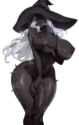 1futa balls big_balls big_breasts big_penis black_body black_nipples black_skin breasts curvy curvy_figure dark-skinned_futa dark_skin elden_ring elden_ring_nightreign erection eyes_covered futa_only futanari grabbing_penis holding_own_penis hourglass_figure huge_balls huge_breasts huge_cock intersex large_breasts long_hair open_mouth penis recluse_(nightreign) solo steaming_body sweat testicles thick_thighs tongue unbeller veiny_penis white_background white_hair wide_hips witch witch_hat wizard_hat