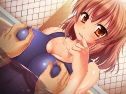 1boy 1girl aomi_riru blue_one-piece_swimsuit blush breasts brown_eyes brown_hair chain-link_fence cleavage closed_mouth collarbone covered_nipples dutch_angle embarrassed fence game_asset groping hair_between_eyes hetero large_breasts large_variant_set nipple_stimulation nipple_tweak nipple_tweak_through_clothes non-web_source official_art one-piece_swimsuit pool pov pov_hands raised_inner_eyebrows school_swimsuit self-datamine sidelocks standing swimsuit tan toriumi_hinata underwear upper_body variant_set visual_novel_cg water yumemi_ga_cheek!