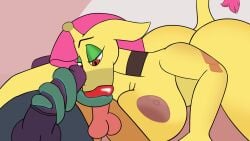 2d_animation animated anthro balls bat big_breasts bigandbounce breasts dusk_(tabuley) fellatio female gala_(tabuley) genitals giraffe giraffid group hi_res intersex intersex/female long_tongue mammal nude oral penile penis sex simple_background sound sound_warning sunny_(tabuley) tagme tongue tongue_out tonguejob trio video yellow_body