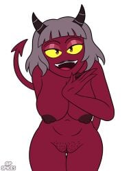 big_breasts black_lips black_lipstick blind_peacock_draws blind_peacock_draws_(artist) bullet_hole bullet_wound commission commission_art commissioner_upload demon demon_girl demon_horns demon_tail ecuadorian gp_spices gray_hair hazbin_hotel hazbin_hotel_oc heart_scar helluva_boss helluva_boss_oc horns latina latina_female mouth_open original original_art original_artwork original_character oro_(blindpeacockdraws) pubes pubes_exposed pussy pussy_exposed pussy_peek pussy_pubes red_eyes reference reference_image scar short_hair sinner sinner_demon tail trimmed trimmed_pubic_hair white_background yellow_eyes