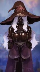 big_breasts black_skin dark-skinned_female dark_skin large_breasts large_hat obscured_face recluse_(nightreign) sweat sweatdrop sweating titobeansz white_hair
