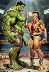 1boy 1girls 4_arms ai_generated angry anthro arena barefoot feet female green_body green_skin hulk hulk_(series) imminent_sex large_penis male marvel mortal_kombat muscular muscular_female muscular_male penis public realistic sheeva side_view size_difference staredown torn_clothes