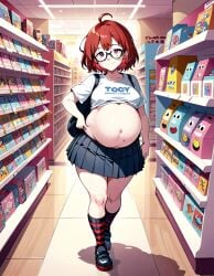 ai_generated glasses pleated_skirt pregnant pregnant_female purple_eyes red_hair short_hair young_female