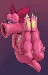 3_toes 4_fingers birdo female fur hairbow looking_at_viewer mario_(series) nintendo one_eye_closed pienji pink_fur plain_background pussy solo