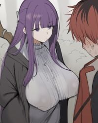 1boy 1girls big_breasts black_robe blunt_bangs blush breasts closed_mouth coat commentary dress female fern_(sousou_no_frieren) highres holding holding_staff huge_breasts looking_down mage_staff purple_eyes purple_hair purple_pupils red_coat red_hair robe sousou_no_frieren staff stark_(sousou_no_frieren) straight_hair sweat toma_(toma50) white_dress