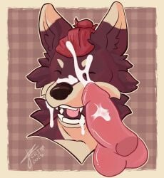 anthro balls bodily_fluids canid canine crimm crimm_(crimm) cum cum_in_mouth cum_inside cum_on_face duo ejaculation erection fur genital_fluids genitals hair hi_res male male/male mammal nude penis sex simple_background