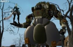 1_eye 3d bigger_male blue_eyes bt-7274 clothed crossover eastern_and_western_character extreme_size_difference holding holding_partner holding_sword holding_weapon jockstrap jockstrap_bulge josh-u4 leopard mecha nier:_automata robot smaller_female source_filmmaker standing thick_ass thick_thighs thong titanfall white_fur yorha_2b yorha_2b_(mayosplash)