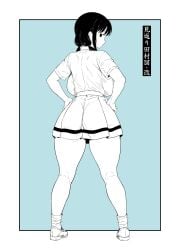 1girls ass curvy facing_viewer female from_behind greyscale hands_on_hips huge_breasts large_ass looking_at_viewer looking_back monochrome nyogiku school_uniform simple_background skirt solo standing thick_thighs wide_hips
