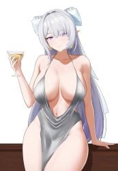 1girl breasts closed_mouth collarbone cup dress drink drinking_glass earrings grey_dress grey_hair hair_over_one_eye highres holding holding_cup holding_drink jewelry large_breasts long_hair looking_at_viewer navel no_bra no_panties pointy_ears purple_eyes simple_background sitting smile solo thighs velina_airgid white_background zenless_zone_zero