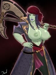 abs axe big_breasts breasts breasts_out coat dazol dreadlocks final_fantasy_xiv great_axe green_skin huge_breasts large_breasts lipstick looking_at_viewer muscular muscular_female necklace orc orc_female original_character pirate roegadyn tagme toned_female tusks