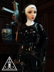 3d assassin bioshock bioshock_infinite blender breasts cleavage clothed corset elizabeth_comstock female fully_clothed gun gun_holster hitman hitman_absolution holster latex latex_bodysuit latex_clothing lipstick nun nun_outfit pinup pinup_pose shiny_clothes skyebunny tactical_gear tight_clothing