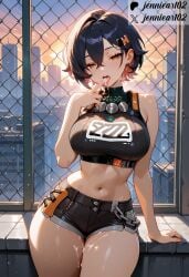 ai_generated arm_support bangs bare_arms bare_shoulders belle_(zenless_zone_zero) black_hair black_shirt black_shorts blue_sky blush breasts building chain-link_fence chains clavicle cleavage clothing cloud colored_inner_hair crop_top cum cum_on_body day earrings eyebrows female female female_only fence hair_between_eyes hair_ornament hairclip indoors jennieart02 jewelry large_breasts looking_at_viewer medium_breasts midriff multicolored_hair nail_polish navel open_mouth orange_eyes original outdoors parted_lips patreon patreon_logo patreon_username piercing saliva shirt short_hair short_shorts shorts sky sleeveless sleeveless_shirt smile solo standing stomach sunset sweat tank_top thick_thighs thighs tongue tongue_out twitter twitter_username virtual_youtuber watermark window zenless_zone_zero