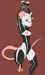 anthro bondage bondage bound claws cleavage_cutout cutout female fur hi_res inverted_nipples jizzus latex mammal murid murine nipples piercing rat red_eyes rodent scar skaven slitterfang_breathstealer_(jizzus) solo squish tail thigh_squish warhammer_(franchise) white_body white_fur