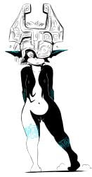 armor bare_breasts black_body blue_markings blush breasts clitoral_hood digital_media_(artwork) female full-length_portrait genitals hair headgear helmet hi_res humanoid imp markings midna monochrome navel nintendo nipples nude one_eye_obstructed pointy_ears portrait pussy shy simple_background small_breasts snaggle_tooth solo standing the-minuscule-task the_legend_of_zelda twilight_princess vulva white_body