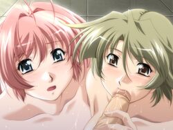 2girls binetsu_kyoushi_cherry blush collarbone game_cg green_hair kanai_mamiko nude penis pink_hair yamane_masahiro yorii_kiyoka zyx