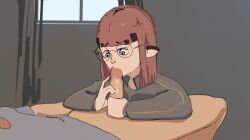 animated blowjob blue_eyes blush glasses nerd nerdy_female oc original original_character precum red_hair saliva slopsickles squeezing track_jacket