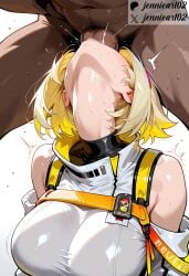 1boy ai_generated bangs bare_shoulders blonde_hair blush breasts clothed_female clothed_female_nude_male clothing dark-skinned_male dark_skin deepthroat elegg_(nikke) fellatio female female gloves goddess_of_victory:_nikke hairband head_back huge_breasts interracial irrumatio jennieart02 large_breasts large_penis light-skinned_female male male_pubic_hair multicolored_hair nipples nude nude_male oral patreon patreon_logo patreon_username penis pubic_hair saliva sex shirt short_hair solo_focus straight sweat testicles trembling twitter twitter_username upper_body veins watermark