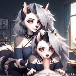 1boy 2girls ai ai_generated anthro ass bedroom blowjob blush breasts clone crop_top ears fellatio female fingerless_gloves furry grey_body grey_fur grey_hair helluva_boss hentai long_hair loona_(helluva_boss) male male/female male_pov penis red_sclera sex shirt shorts spiked_collar two_tone_body two_tone_fur two_tone_tail white_body white_eyes wolf wolf_girl