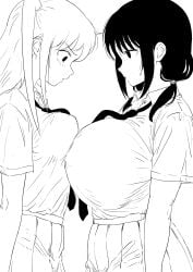 2d 2girls asymmetrical_docking breast_size_difference from_side gigantic_breasts greyscale looking_at_another looking_at_breasts medium_breasts monochrome multiple_girls nyogiku school_uniform yuri
