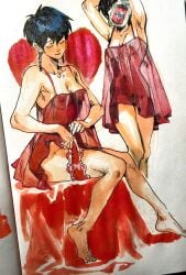 1girls black_hair blush breasts closed_eyes color female_pubic_hair heart highres lighting lingerie meryl_stryfe nipples omgktoeto panties pubic_hair pubic_hair_peek red_panties removing_panties see-through sitting slight_blush smile standing trigun valentine's_day