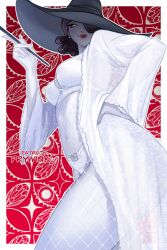 1girls alcina_dimitrescu black_hair bra capcom female female_only fishnet_bodysuit fishnets hand_on_hip hat hi_res large_hat looking_at_viewer pale-skinned_female pale_skin panties prywinko red_lipstick resident_evil resident_evil_8:_village robe smiling smiling_at_viewer solo yellow_eyes