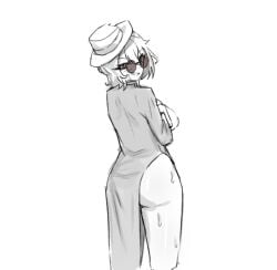 1girls ass bare_legs breasts cat___nip china_dress chinese_clothes don_quixote_(limbus_company) female female_only hat headwear large_breasts limbus_company looking_at_viewer looking_back monochrome no_panties orange_hair project_moon qipao round_glasses short_hair smile solo sweat sweatdrop sweaty_thighs tilted_headwear