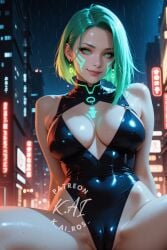 1girls ai_generated animestyle big_breasts blonde_hair breasts character_request copyright_request curvy curvy_figure digitalart female female_only green_eyes k_ai_ros_ light-skinned_female light_skin looking_at_viewer pants solo