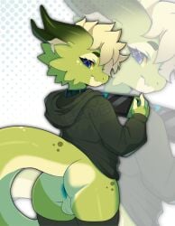 anthro anus bottomless choker clothed clothing eepyes femboy gaming hoodie hoodie_only horn jewelry kobold male necklace playing_video_game scales scalie solo tail topwear topwear_only